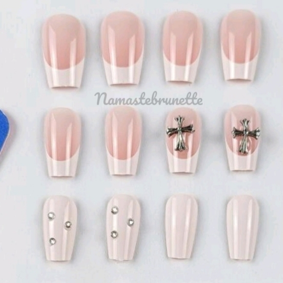 2/$16 Rhinestone Cross French Manicure Press on Nails - Picture 7 of 16